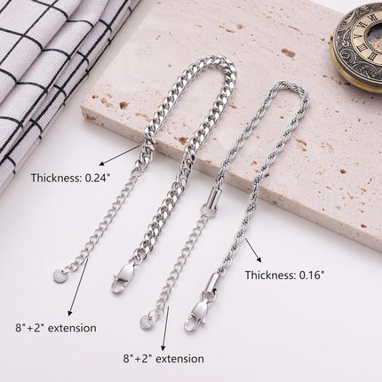 Kvekstio 2 Pieces Mens Sterling Silver Figaro Cuban Chain Bracelet Gift for Husband Boyfriend, Adjustable Cuban Link Bracelet.