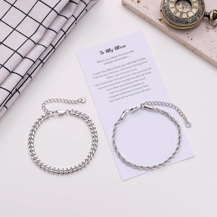 Kvekstio 2 Pieces Mens Sterling Silver Figaro Cuban Chain Bracelet Gift for Husband Boyfriend, Adjustable Cuban Link Bracelet.