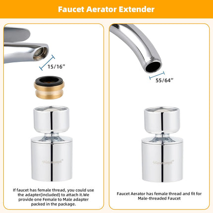 Dual-function 2-Flow Faucet Aerator, Water Saving Swivel Aerator with 2 Sprayer - Faucet Parts Replacement - 55/64 Inch-27UNS Female Thread - Chrome.
