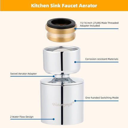 Dual-function 2-Flow Faucet Aerator, Water Saving Swivel Aerator with 2 Sprayer - Faucet Parts Replacement - 55/64 Inch-27UNS Female Thread - Chrome.