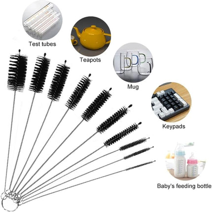 Straw Cleaner Brush Set, Shower Head Cleaner Tool, Nylon Pipe Tube Cleaner 8-inch 10 Different Diameters Set for Tumbler, Water Bottle, Sippy Cup, Sinks and Hummingbird Feeders.