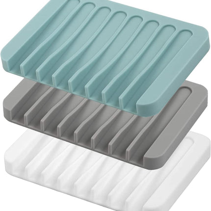 Self Draining Soap Dishes, 3 Pcs Silice Soap Saver, Waterfall Drainer Soap Holder for Bathroom, Extend Soap Life, Keep Soap Bars Dry Clean & Easy Cleaning (White, Gray, Teal).