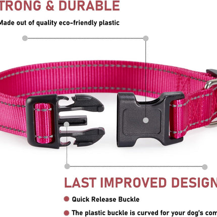 Reflective Dog Collar with Buckle Adjustable Safety Nyl Collars for Small Medium Large Dogs, Pink S.