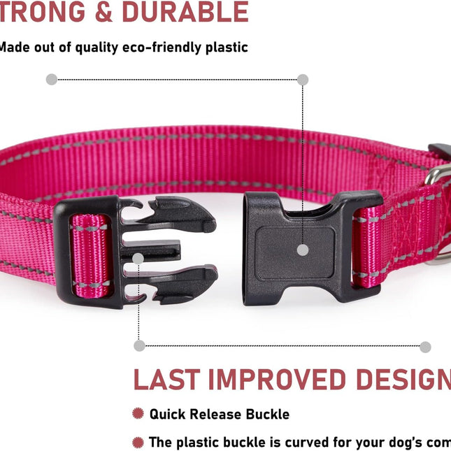 Reflective Dog Collar with Buckle Adjustable Safety Nyl Collars for Small Medium Large Dogs, Pink S.