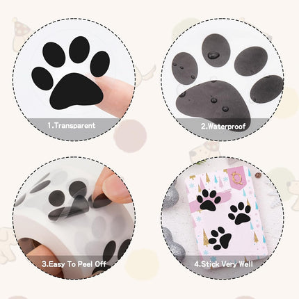 Paw Stickers - Paw Prints Stickers 500Pcs 1.5Inch Puppy Dog Bear Paw Prints Sticker Self Adhesive Clear & Black Paw Patrol Sticker Roll for Birthday Party Envelope Seal Card Gift Packaging.