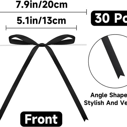 Twist Tie Bows 5x7Inch - 30Pcs Premade Black Gift Bow for Cake Gift Wrapping Balloon Craft Treat Bag Black Satin Ribbon Bows for Wedding Baby Shower Birthday Party Halloween Christmas Decor.