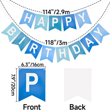 Happy Birthday Banner Large - NO DIY Blue Happy Birthdays Banner Sign Happy Birthday Party Paper Hang Decoration Happy Birthdays Banners Bunting for Men Boy Sea Theme Celebration Party Backdrop.