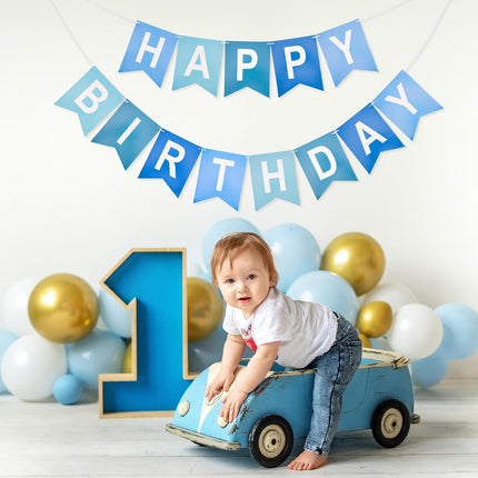 Happy Birthday Banner Large - NO DIY Blue Happy Birthdays Banner Sign Happy Birthday Party Paper Hang Decoration Happy Birthdays Banners Bunting for Men Boy Sea Theme Celebration Party Backdrop.