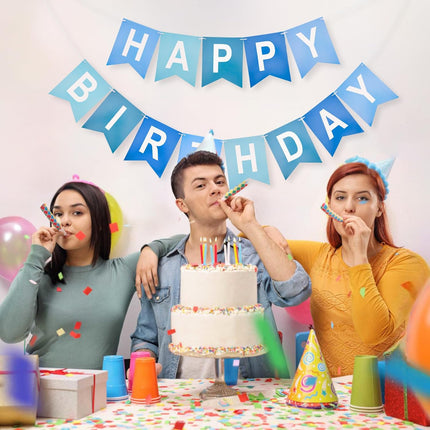 Happy Birthday Banner Large - NO DIY Blue Happy Birthdays Banner Sign Happy Birthday Party Paper Hang Decoration Happy Birthdays Banners Bunting for Men Boy Sea Theme Celebration Party Backdrop.
