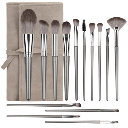Makeup Brushes, 14 Pcs Professional Makeup Brush Set, Eye and Face Foundation Brush Set, Eyeshadow Brushes, Cosmetic Brushes, with PU Bag, Grayish.