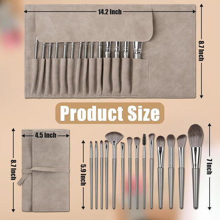 Makeup Brushes, 14 Pcs Professional Makeup Brush Set, Eye and Face Foundation Brush Set, Eyeshadow Brushes, Cosmetic Brushes, with PU Bag, Grayish.