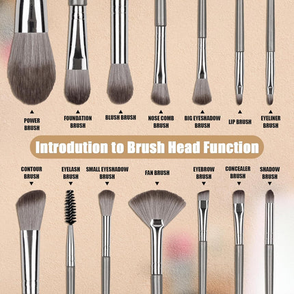 Makeup Brushes, 14 Pcs Professional Makeup Brush Set, Eye and Face Foundation Brush Set, Eyeshadow Brushes, Cosmetic Brushes, with PU Bag, Grayish.