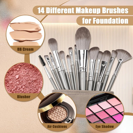 Makeup Brushes, 14 Pcs Professional Makeup Brush Set, Eye and Face Foundation Brush Set, Eyeshadow Brushes, Cosmetic Brushes, with PU Bag, Grayish.