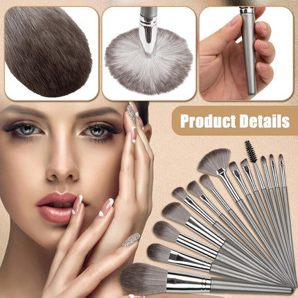 Makeup Brushes, 14 Pcs Professional Makeup Brush Set, Eye and Face Foundation Brush Set, Eyeshadow Brushes, Cosmetic Brushes, with PU Bag, Grayish.
