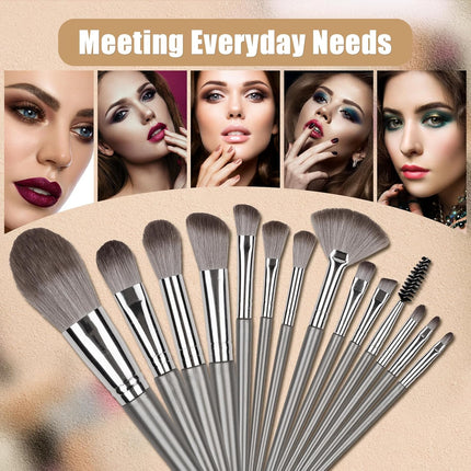 Makeup Brushes, 14 Pcs Professional Makeup Brush Set, Eye and Face Foundation Brush Set, Eyeshadow Brushes, Cosmetic Brushes, with PU Bag, Grayish.