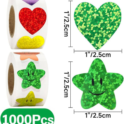 Heart Stickers Star Stickers - 1000Pcs 1Inch Glitter Heart Sticker and Smiley Face Star Sticker for Kids Reward Teacher Classroom Crats DIY Envelope Seal Card Gift Wrapping.