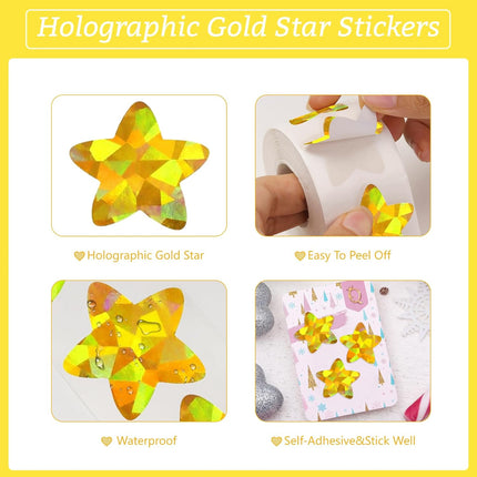 Holographic Gold Star Stickers for Kids Reward - 500Pcs 1.5Inch Shiny Self-Adhesive Metallic Glitter Foil Stickers for DIY, Homework, School, Classroom, Teacher Supply.