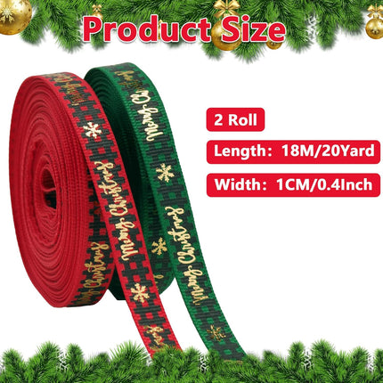 Christmas Ribbon, 3/8 Inch, 20 Yard, Red and Green Merry Wrapping Ribbon for Craft Wreath Decor Bow Flower Bouquet (2 Roll).