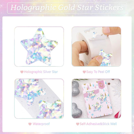 Holographic Silver Star Stickers for Kids Reward - 500Pcs 1.5Inch Shiny Self-Adhesive Metallic Glitter Foil Stickers for DIY Homework School Classroom Teacher.