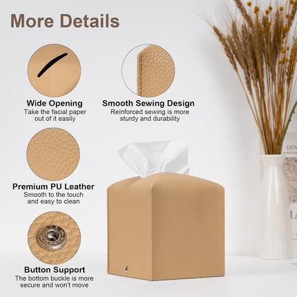 2 Pcs Square Cream Tissue Box Cover PU Leather Decorative Tissue Organizer Dispenser Holder for Bathroom, Desk, Home, Car, Office, 5.12" X 5.12" X 5.12".