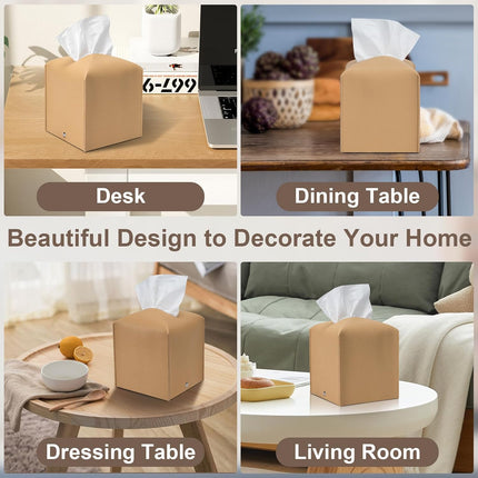 2 Pcs Square Cream Tissue Box Cover PU Leather Decorative Tissue Organizer Dispenser Holder for Bathroom, Desk, Home, Car, Office, 5.12" X 5.12" X 5.12".