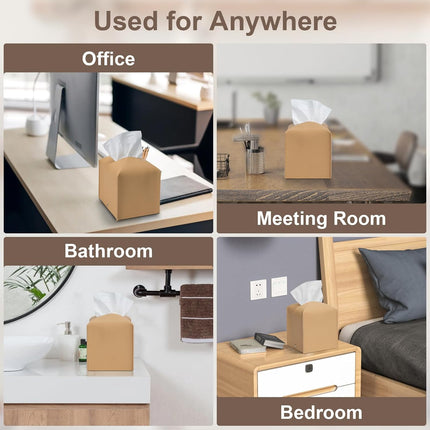 2 Pcs Square Cream Tissue Box Cover PU Leather Decorative Tissue Organizer Dispenser Holder for Bathroom, Desk, Home, Car, Office, 5.12" X 5.12" X 5.12".