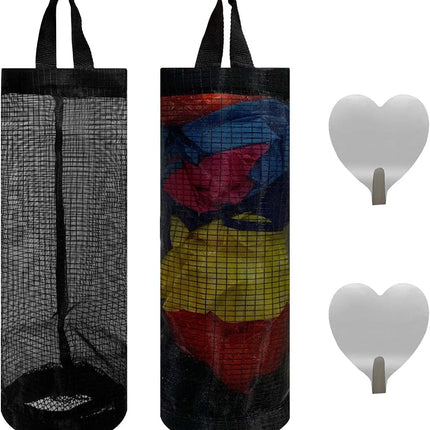 2 Pcs Plastic Bag Holder Trash Bags Storage Dispenser Organizer for Home Kitchen Mesh Hanging Dispensers Recycling Garbage Folding Grocery with Hooks (Black).