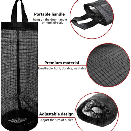 2 Pcs Plastic Bag Holder Trash Bags Storage Dispenser Organizer for Home Kitchen Mesh Hanging Dispensers Recycling Garbage Folding Grocery with Hooks (Black).