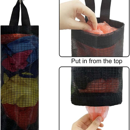 2 Pcs Plastic Bag Holder Trash Bags Storage Dispenser Organizer for Home Kitchen Mesh Hanging Dispensers Recycling Garbage Folding Grocery with Hooks (Black).
