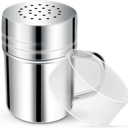 Stainless Steel Dredge Shaker Spice Shakers with Handle Powdered Sugar Pepper 6 Oz Metal Salt Holes and Lid Fine Powder for Cinnamon Cocoa Flour Baking Seasoning.