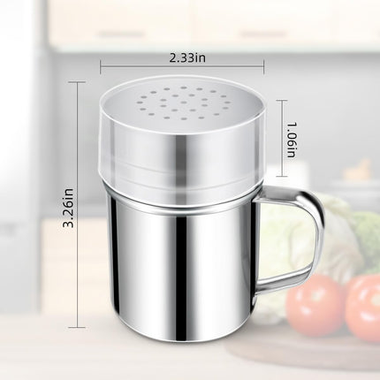 Stainless Steel Dredge Shaker Spice Shakers with Handle Powdered Sugar Pepper 6 Oz Metal Salt Holes and Lid Fine Powder for Cinnamon Cocoa Flour Baking Seasoning.
