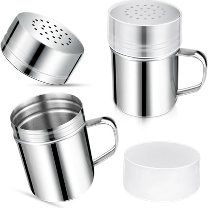 Stainless Steel Dredge Shaker Spice Shakers with Handle Powdered Sugar Pepper 6 Oz Metal Salt Holes and Lid Fine Powder for Cinnamon Cocoa Flour Baking Seasoning.