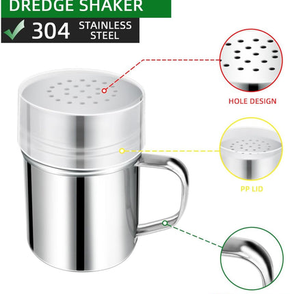 Stainless Steel Dredge Shaker Spice Shakers with Handle Powdered Sugar Pepper 6 Oz Metal Salt Holes and Lid Fine Powder for Cinnamon Cocoa Flour Baking Seasoning.