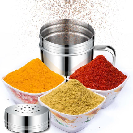 Stainless Steel Dredge Shaker Spice Shakers with Handle Powdered Sugar Pepper 6 Oz Metal Salt Holes and Lid Fine Powder for Cinnamon Cocoa Flour Baking Seasoning.