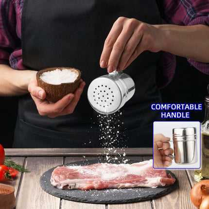 Stainless Steel Dredge Shaker Spice Shakers with Handle Powdered Sugar Pepper 6 Oz Metal Salt Holes and Lid Fine Powder for Cinnamon Cocoa Flour Baking Seasoning.