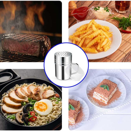 Stainless Steel Dredge Shaker Spice Shakers with Handle Powdered Sugar Pepper 6 Oz Metal Salt Holes and Lid Fine Powder for Cinnamon Cocoa Flour Baking Seasoning.