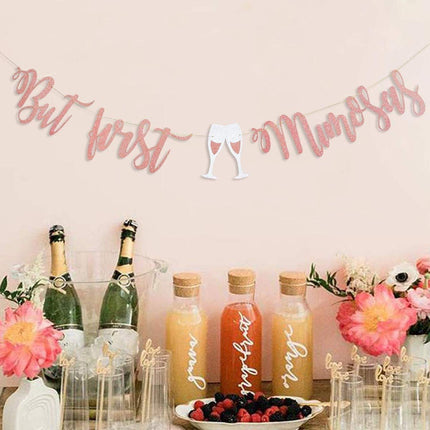 Mimosa Bar Sign But First Mimosas Rose Gold Banner, Decorations for Bridal Shower Baby Bachelorette Party Engagement Wedding Graduation Fiesta Bubbly Champagne Brunch Birthday Rosegold.