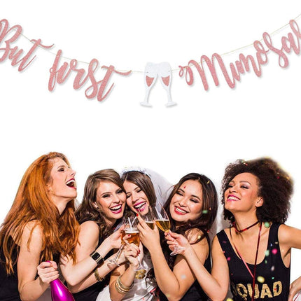 Mimosa Bar Sign But First Mimosas Rose Gold Banner, Decorations for Bridal Shower Baby Bachelorette Party Engagement Wedding Graduation Fiesta Bubbly Champagne Brunch Birthday Rosegold.