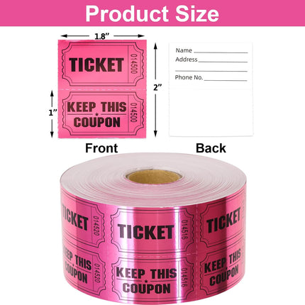 ceiba tree 1000 Raffle Tickets Double Roll Metallic Pink Foil Ticket for Events Carnivals Entry Class Reward Prizes Pink Party Supplies.