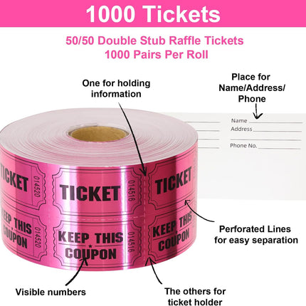 ceiba tree 1000 Raffle Tickets Double Roll Metallic Pink Foil Ticket for Events Carnivals Entry Class Reward Prizes Pink Party Supplies.
