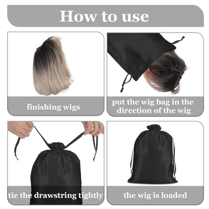 4Pcs Wig Storage Bags,Silk Bags with Drawstring Small Storage Satin Bag for Wigs Bundles Hair Extension(Black).