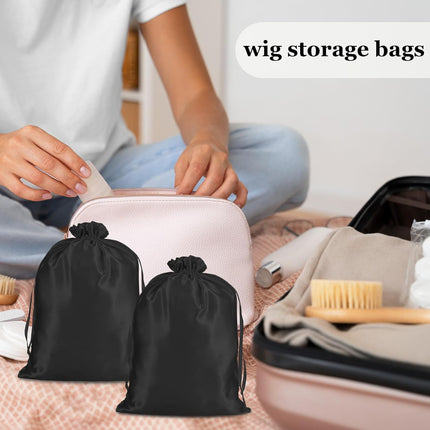 4Pcs Wig Storage Bags,Silk Bags with Drawstring Small Storage Satin Bag for Wigs Bundles Hair Extension(Black).