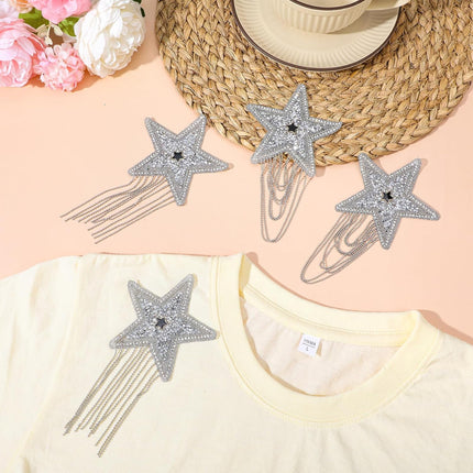 6PCS Rhinestone Star Iron on Patches, Shiny Silver Rhinestone Tassel Star with Chains Glitter Sequin Patches for Trucker Hats Jeans Bags Backpacks Jackets Denim DIY Appliques Art Crafts.
