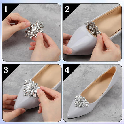 2 Pairs Rhinestone Shoe Clips for Women Dress Shoes, Bow Flower Brilliant Crystal Shoe Decor, DIY Shoes Detachable Buckle Wedding Party Accessories Mother Gifts(Sliver).