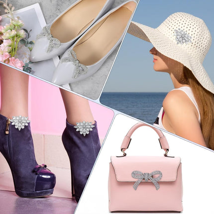 2 Pairs Rhinestone Shoe Clips for Women Dress Shoes, Bow Flower Brilliant Crystal Shoe Decor, DIY Shoes Detachable Buckle Wedding Party Accessories Mother Gifts(Sliver).