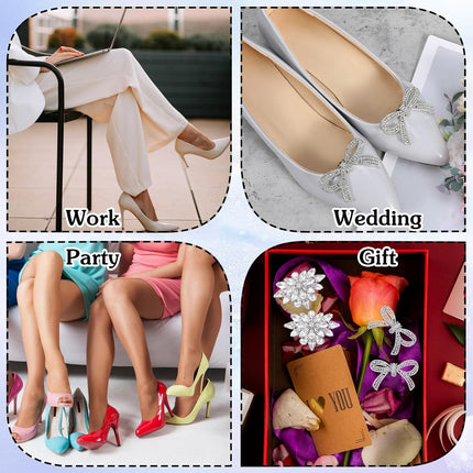 2 Pairs Rhinestone Shoe Clips for Women Dress Shoes, Bow Flower Brilliant Crystal Shoe Decor, DIY Shoes Detachable Buckle Wedding Party Accessories Mother Gifts(Sliver).