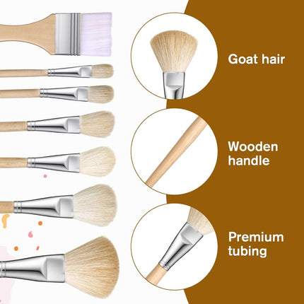 Mop Brush for Acrylic Painting, 7 Pieces Versatile Blending Brush Paint Brushes for Acrylic Painting Goat Hair Paint Brushes Set with Wooden Handle for Watercolor Oil Face Body Art.