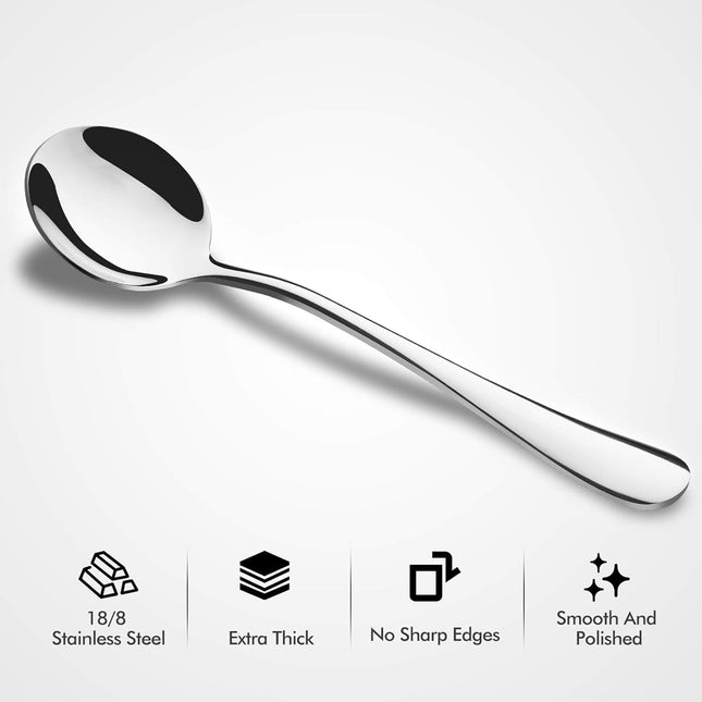 12-Piece Soup Spoons, Round Stainless Steel Bouillon Spoons.