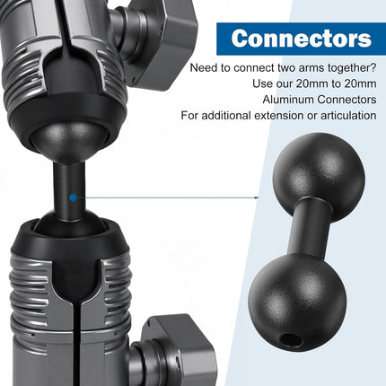 20mm to 20mm Ball Mount Arm, Black Aluminum Alloy Ball Adapter Double Balls Mount Extension Connector for Secure Attachment for Mounting Arm with 20 mm Connections Compatible with 20 mm Mounting Arms.