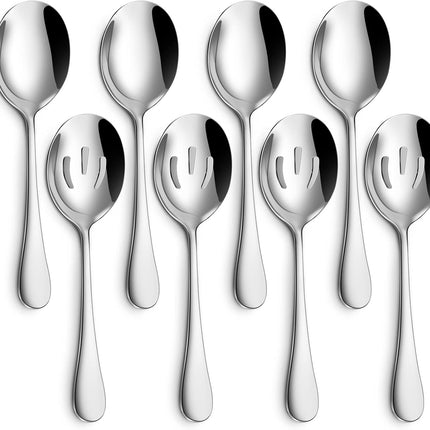 8-Piece Serving Set - Includes 4 Spoons and 4 Slotted Spoons, 18/8 Stainless Steel Buffet Utensils - Mirror Polished, Dishwasher Safe, 8.6-Inch.